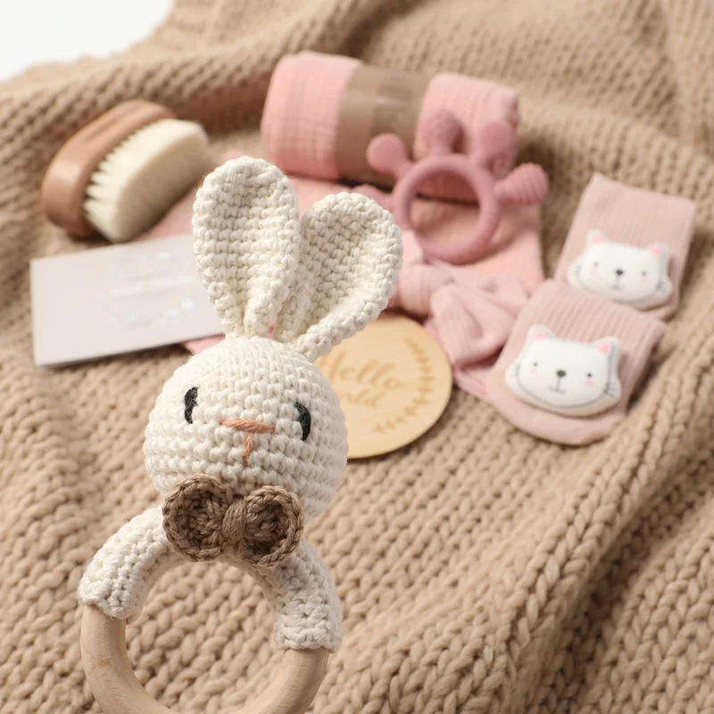 Newborn Baby Bath Set with Double Sided Cotton Blanket Face Saliva Towel Crochet Rattle Toy Wool Brush,Gift Box for Baby Shower