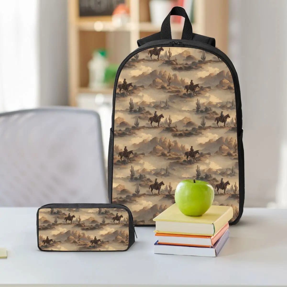 Cowboy In Desert Western Landscape Pattern Backpack Student BookBag School Bag Shoulder Bags 3ps Insulated Lunch Bag Pencil Case