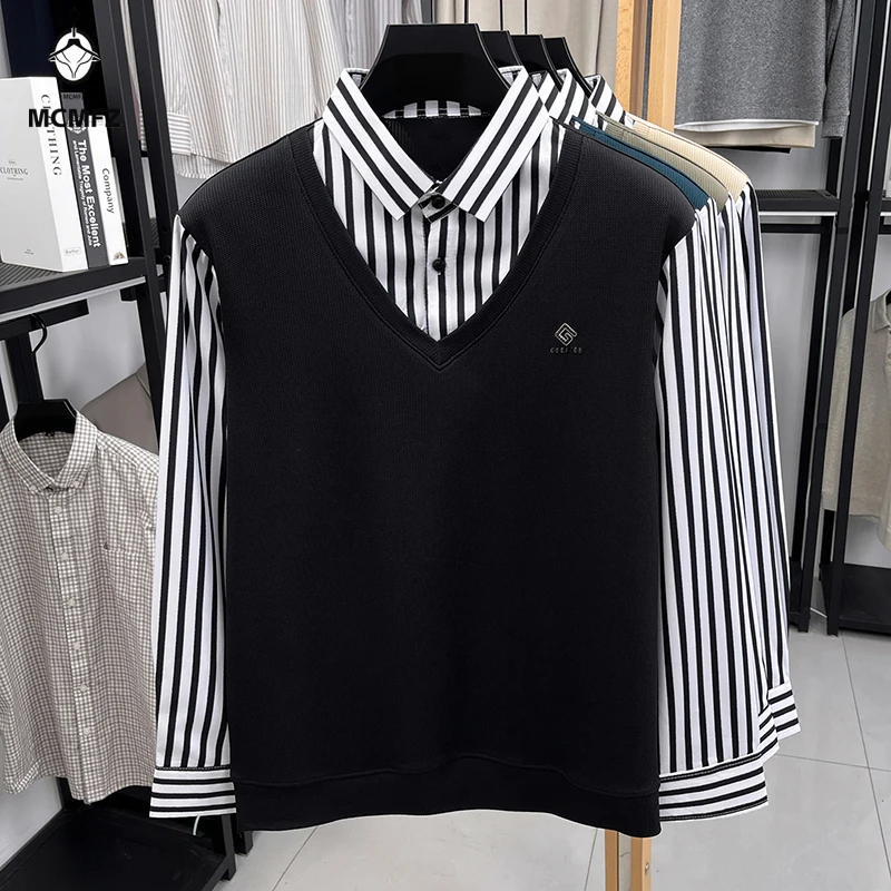 Mens Fake Two Piece Shirt Collar Sweater Long Sleeve Casual Business Tops Soft Warm Fashion Blouse for Men Work Daily Life