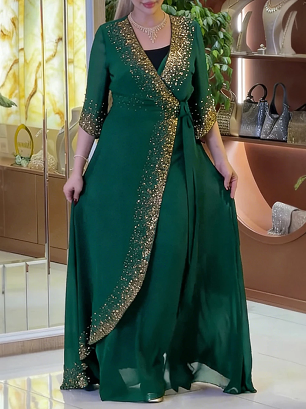 

2026 Eid Mubarak Abayas For Women 2 PCS Set Caftan Marocain Islamic Clothing Muslim Fashion Chiffon Dresses Birthday Party Gowns