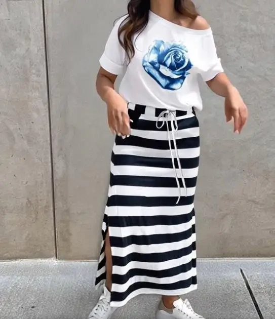 

Two Piece Set Women Outfit 2025 New Floral Print Round Neck Turn-Up Cuffs Top & Casual Striped High Waist Side Slit Skirt Set