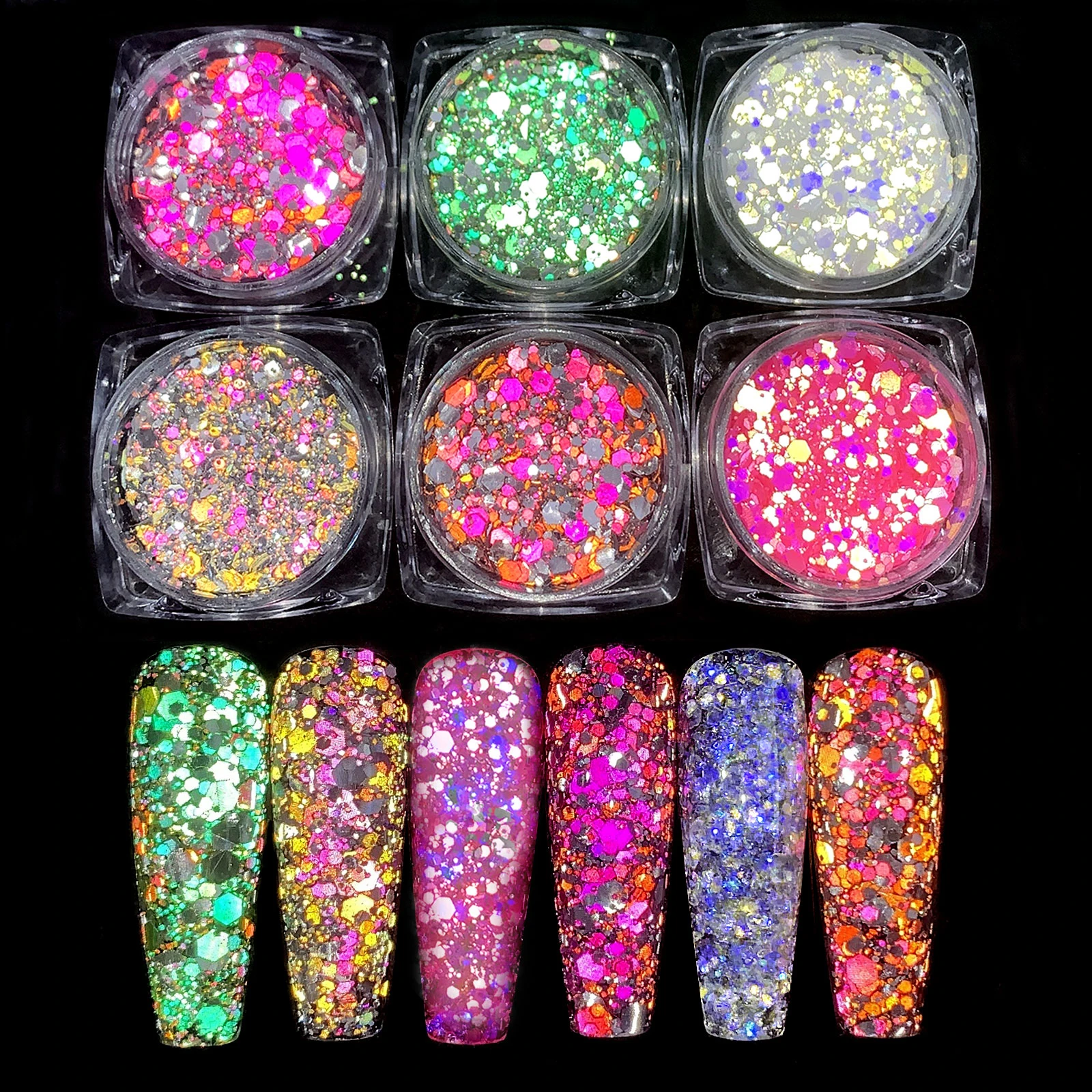 6pcs/set Reflective Flash Glitter Nail Powder Flash Disco  Crystal Diamond Chrome Pigment Dipping Powder  Dazzling Party Sparkly