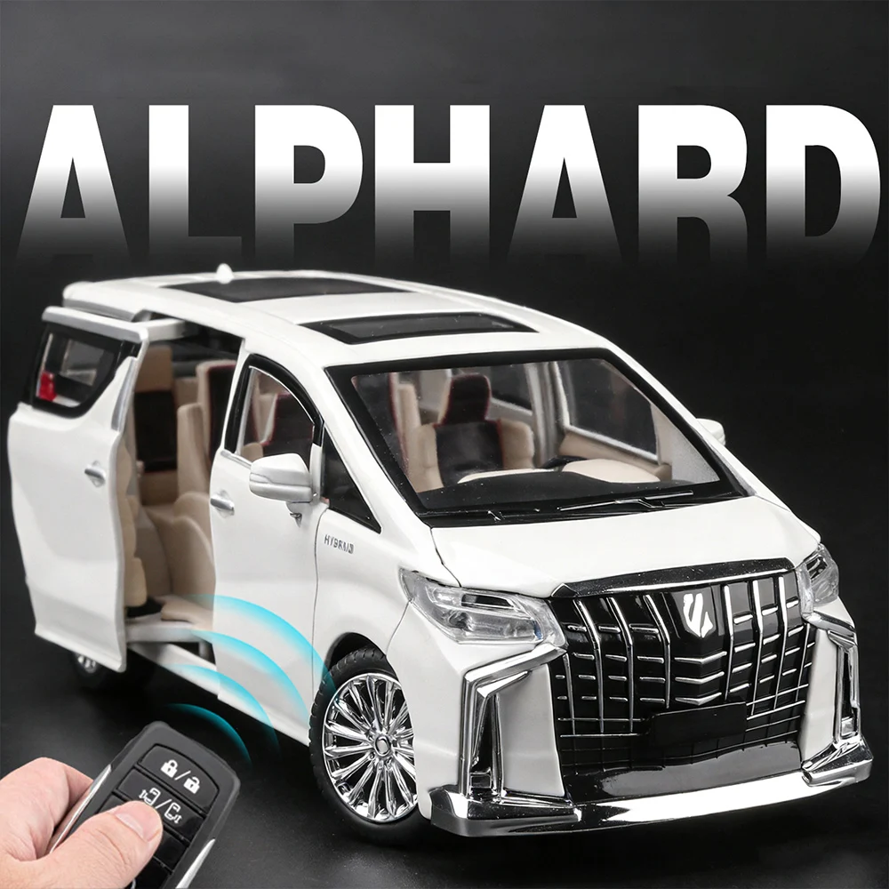 

Масштабная модель автомобиля Toyota Alphard 1:24, литая под давлением, с амортизацией, электрическими дверями, имитация коммерческого автомобиля, симуляция минивэна, декоративные украшения