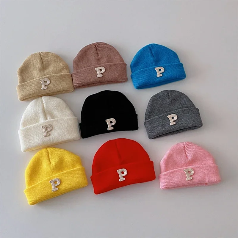 Baby Thermal White Letter P Beanies Caps Autumn Winter Korean Fashion Kids Knit Wool Warm Hats for Newborn Infant Boys Girls