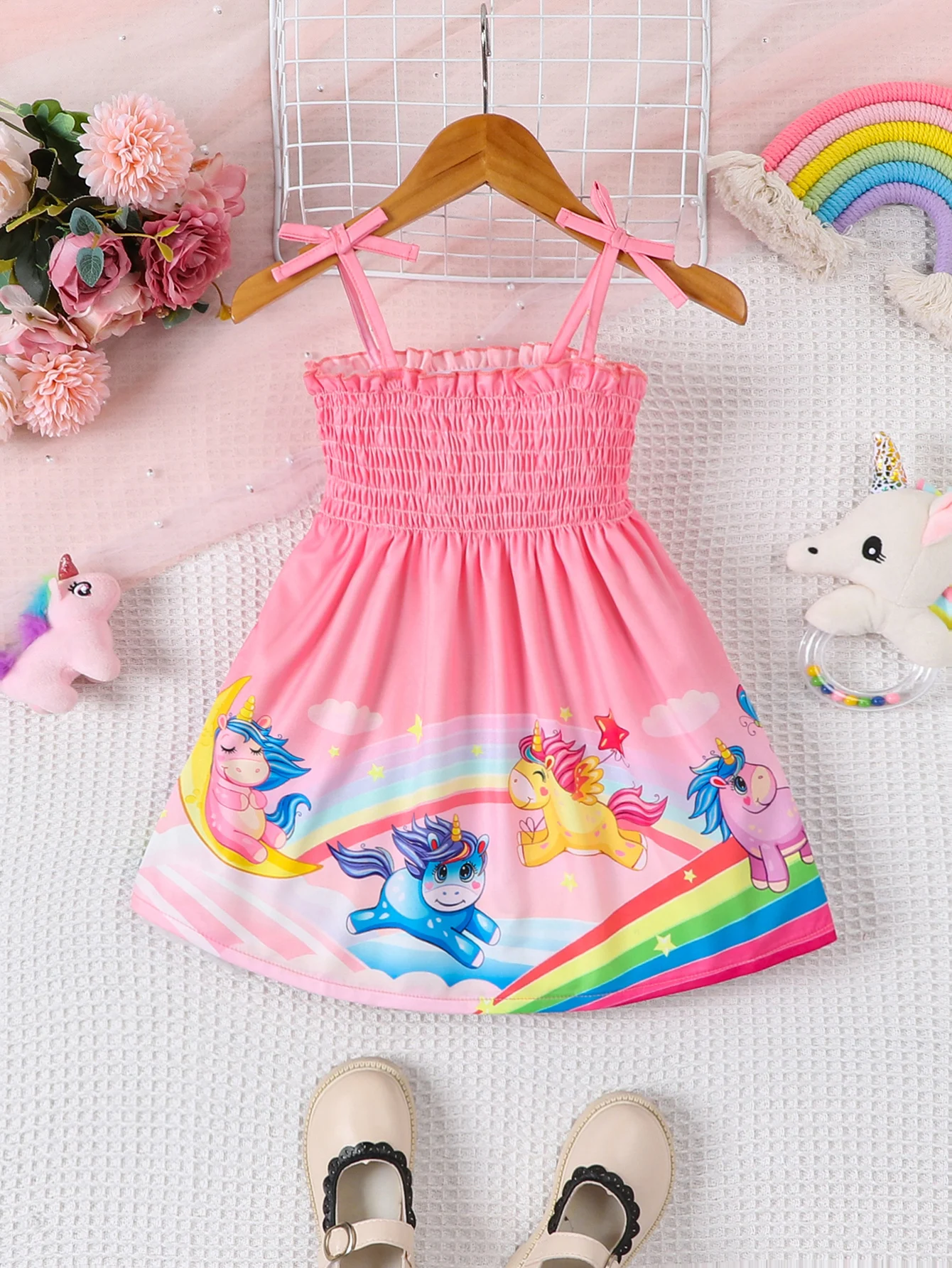 Baby Girl Fashion Cute Cartoon Unicorn Printed Skirt with Bow Decoration Strap Dress Summer