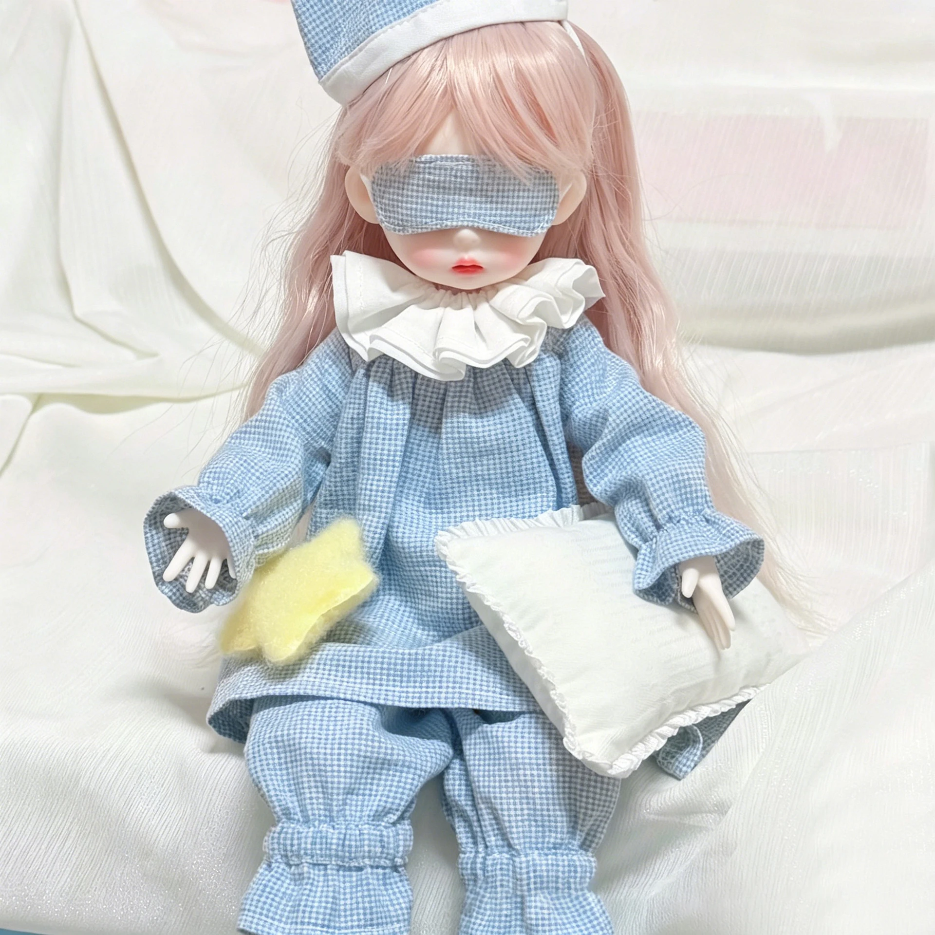 1/6 BJD Doll Clothes Parts Blue‑White Plaid Star Pajama Headwear+Eye Mask Set Sweet Casual Loungewear For 30cm BJD Doll Dress Up