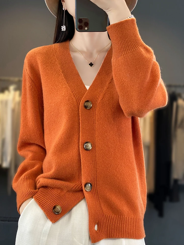 Addonee New Cashmere Sweater 100% Merino Wool Buttoned Cardigan Autumn Winter V-Neck Knitwear Casual Soft Tops Luxury Clothing