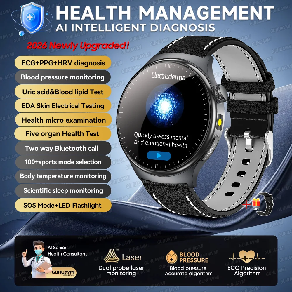 2026 Nieuwe Micro Fysieke Onderzoek Gezondheid Smartwatch Heren ECG Urinezuur Lipiden Bloeddruk BT Oproep Smartwatch Voor Android IOS