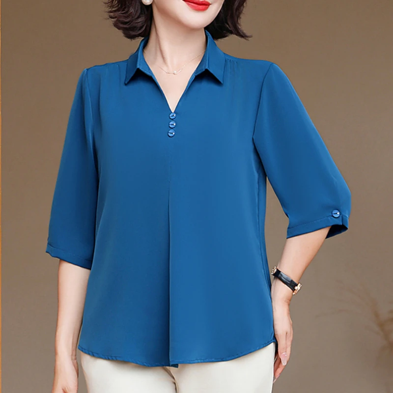 Female Clothing Plus Size Commute 3/4 Sleeve Blouse Solid Color All-match Spring Summer Lapel Stylish Korean Shirt