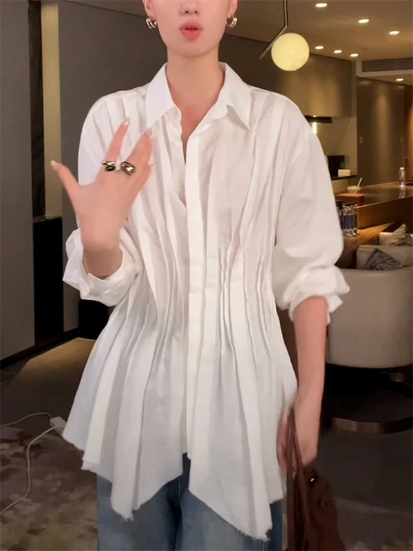 

Женская блузка с длинным рукавом, приталенная, в корейском стиле, свободного кроя, модная, с плиссированным воротником, осенняя новинка