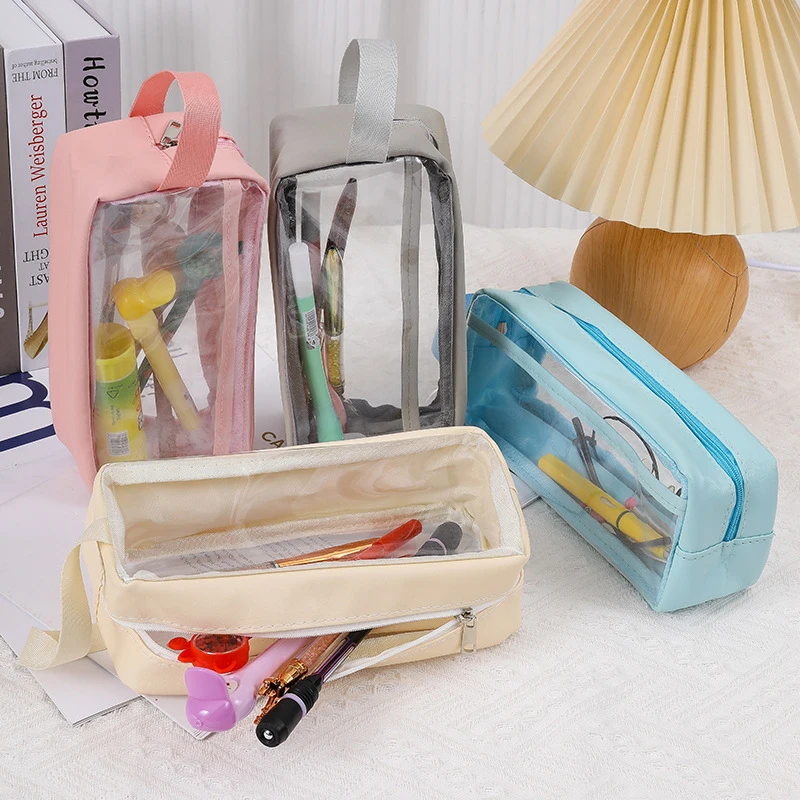 Simple Large Capacity Waterproof Pen Bag Handheld Pencil Case Student Stationery Fashion Transparent Storage Bag School Supplies