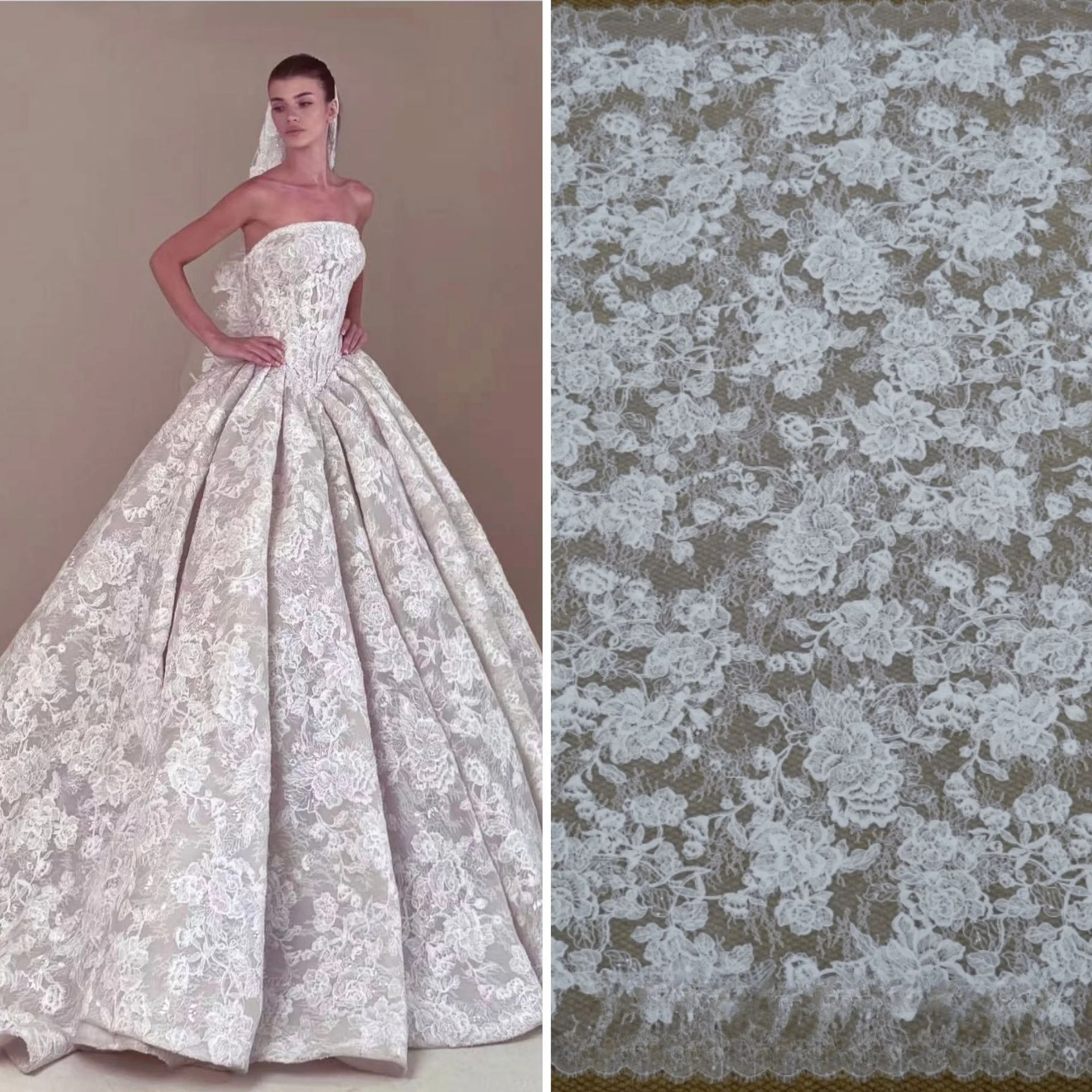 

3 Meters Off-white Soft Embroidered Fashion Tulle Mesh Wedding Dress Beaded Lace Fabric