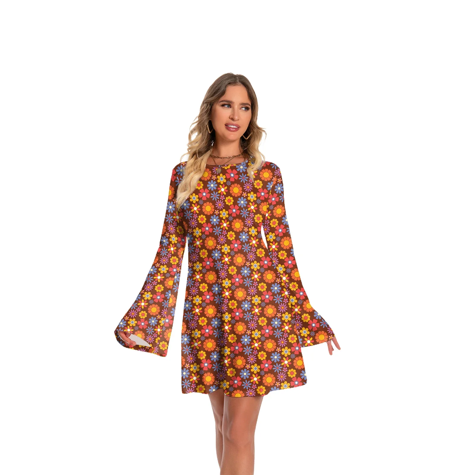 Kleid im Hip-Hop-Stil für Damen, modisches bedrucktes Outfit-Kleid, Urlaubskleidung, 70er-Jahre-Kleid im elektronischen Stil mit ausgestellten Ärmeln, Kostüm für Damen