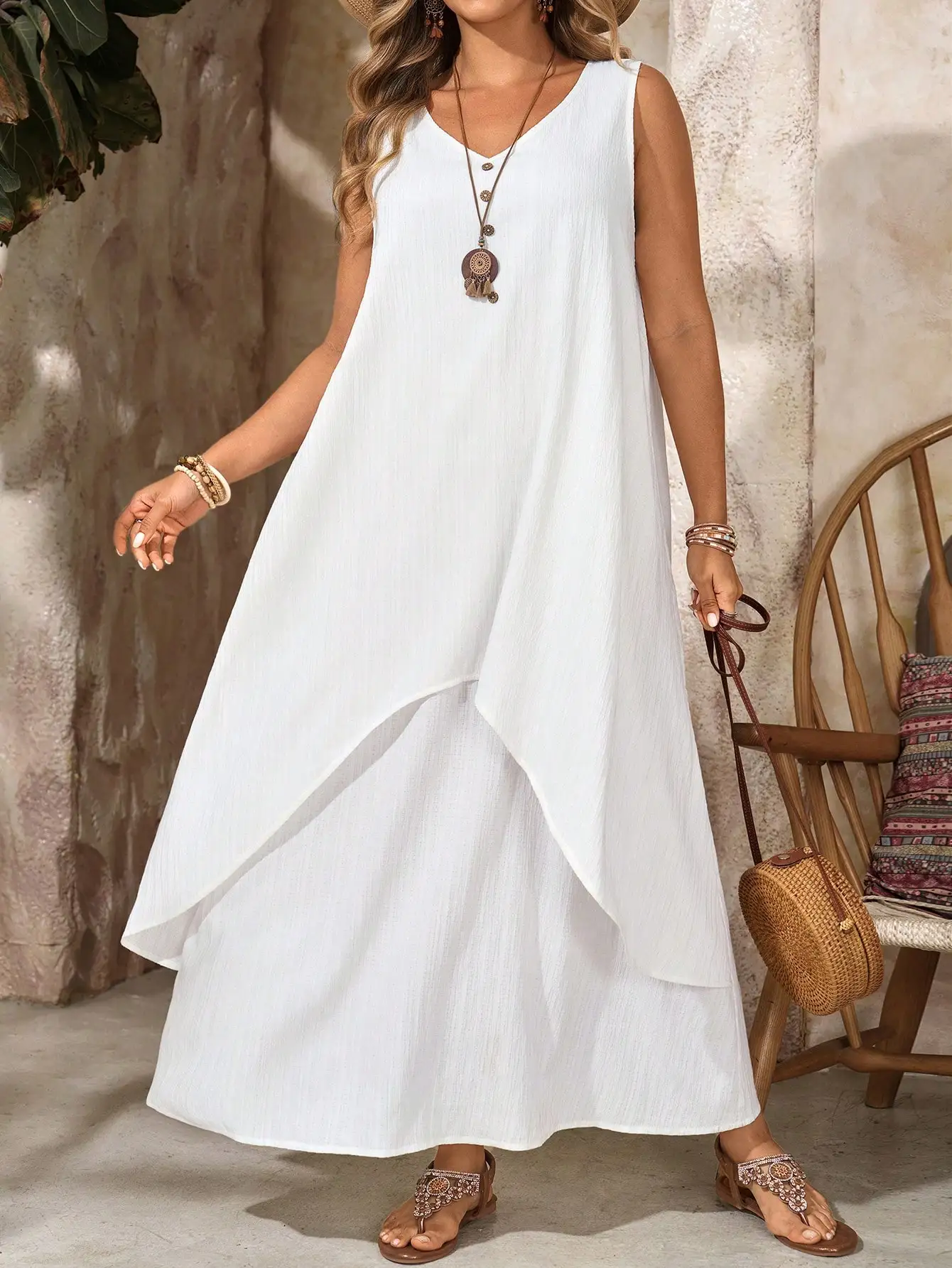 

White V-Neck Sleeveless Asymmetrical Maxi Dress, Flowy Bohemian Style for Summer Vacation