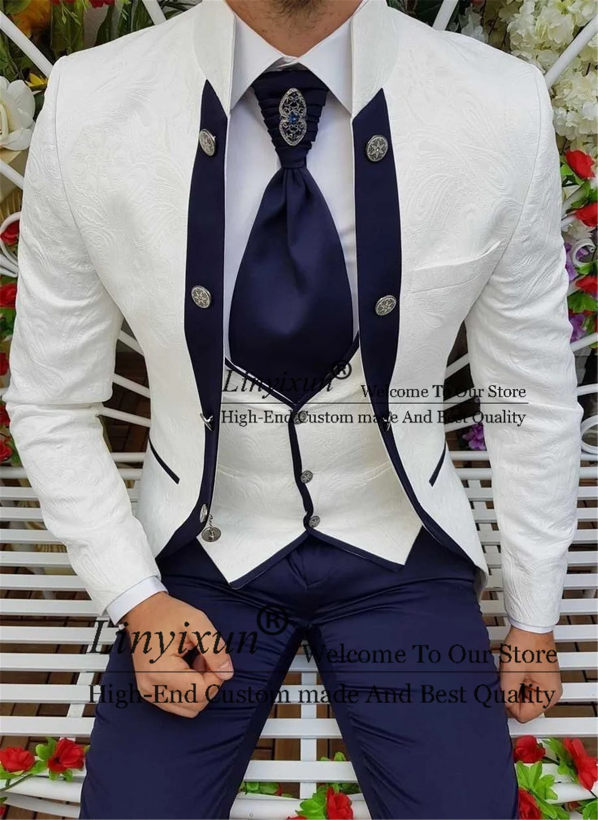 

White Mandarin Lapel Mens Suits Slim Fit 3 Pieces Jacket Vest Pants Set Groom Tuxedos Business Male Prom Blazer Terno Masculino