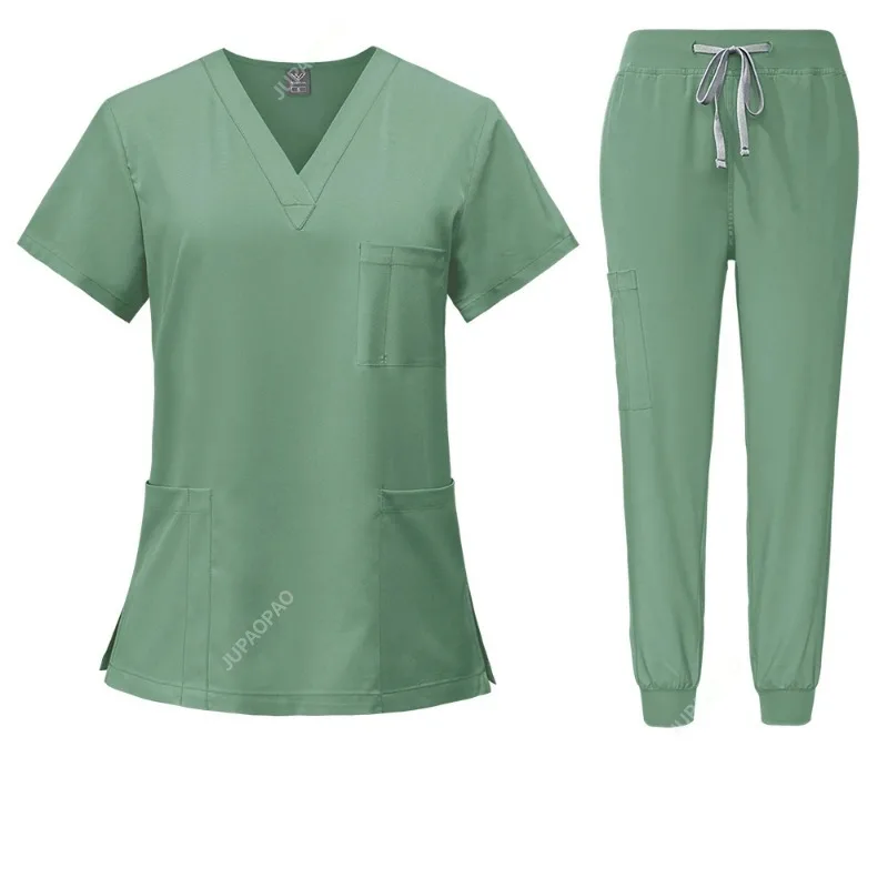 Uniformes Médicos para Mulheres, Hospital Scrubs Conjuntos, V Neck Tops, Calças, Enfermeiros Acessórios, Clínica Odontológica, Salão de Beleza, Spa Workwear Roupas