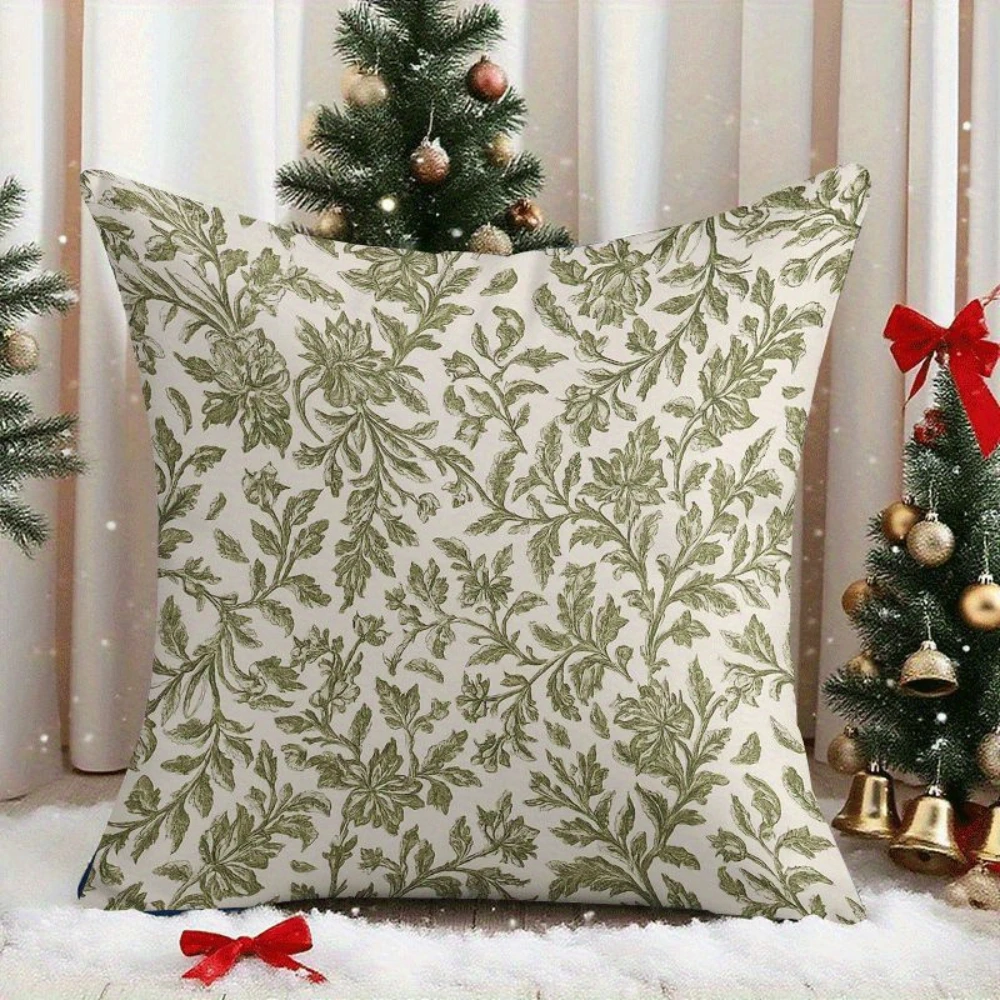 1PC Olive Green Mint Leaf Botanical Pillow CoverPolyester Cushion Case for Sofa Couch Living Room Bedroom Home Decor
