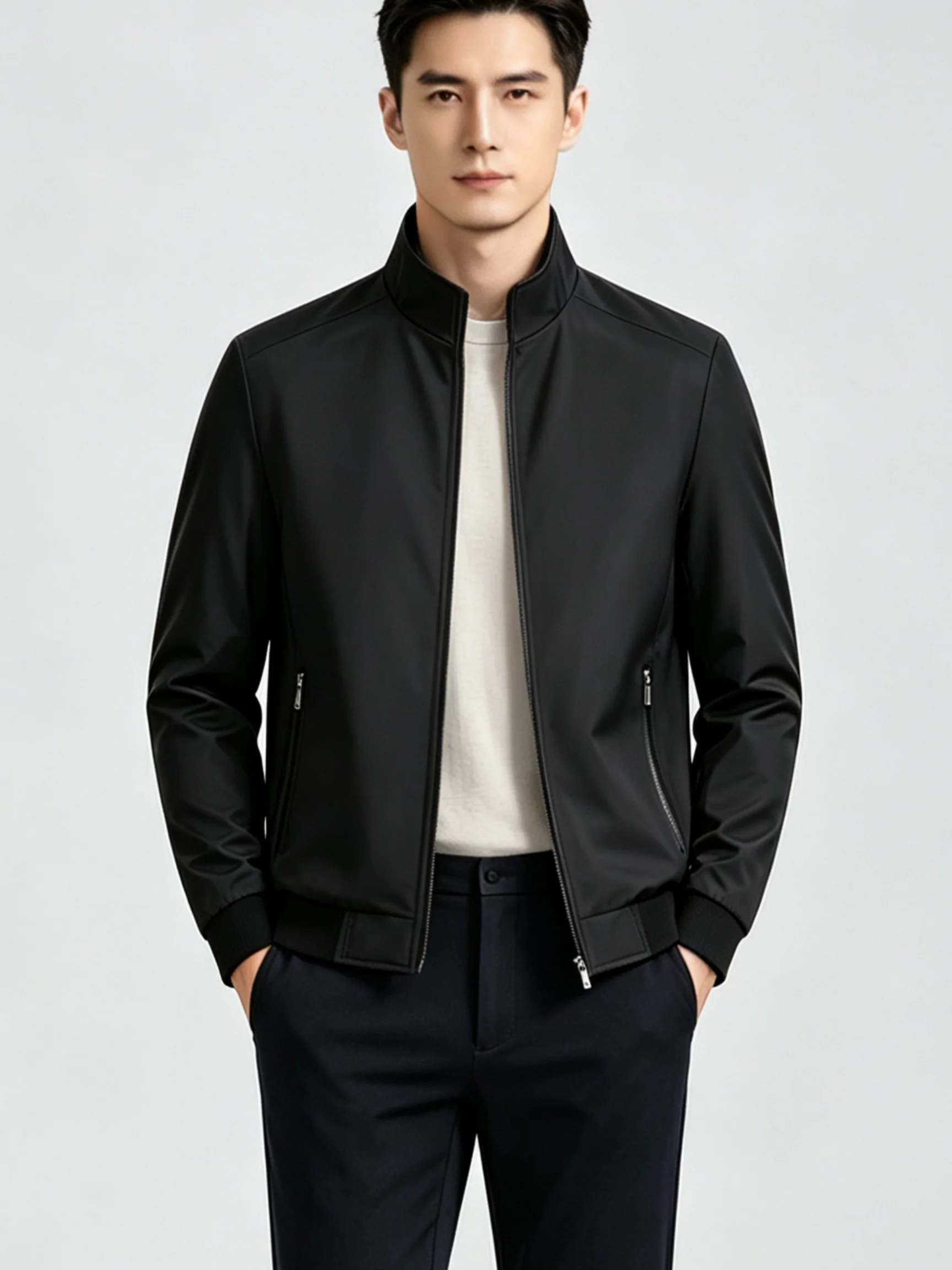 Men Black Stand Collar Jacket Casual Check Lining Side Zipper Pockets Zip Up Jacket
