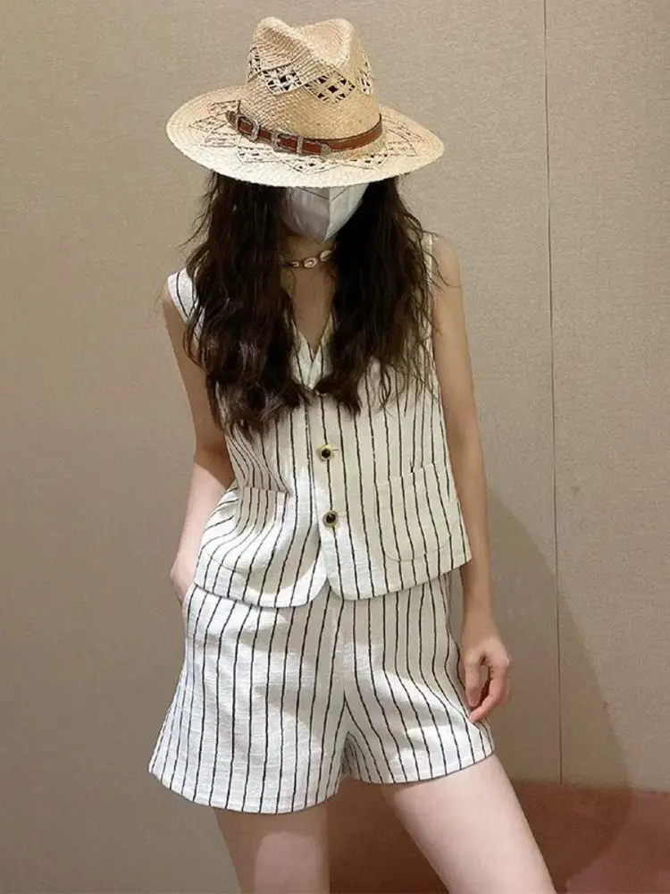 Estate 2025 Gilet e orts a righe Svel in cotone e lino dimagrante da donna Set abbigliamento casual Faionable e Sli