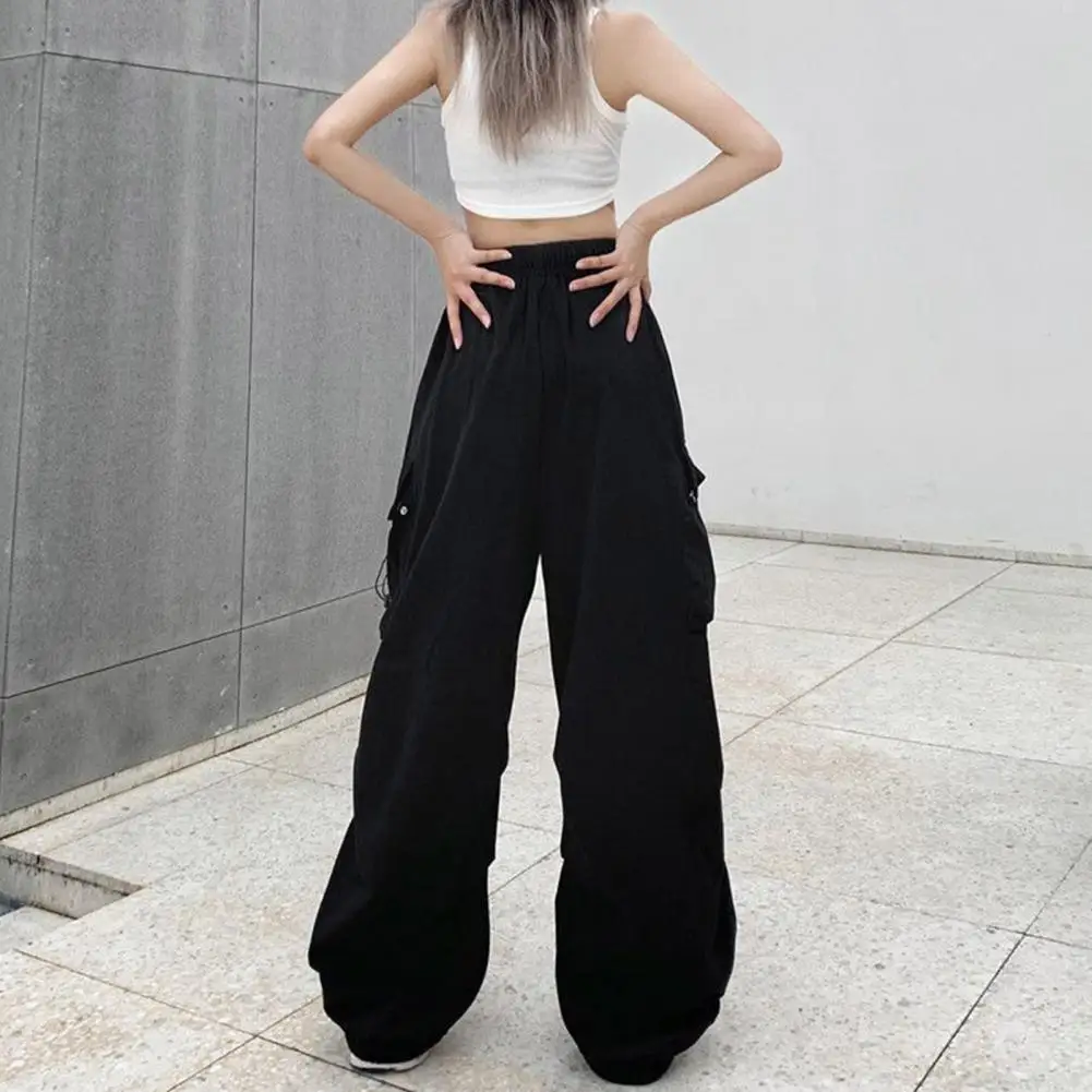 Women Cargo Pants High Waist Oversized Wide-leg Pants Elastic Waist Pants with Multiple Pockets Drawstring Hip Hop Lady Trousers