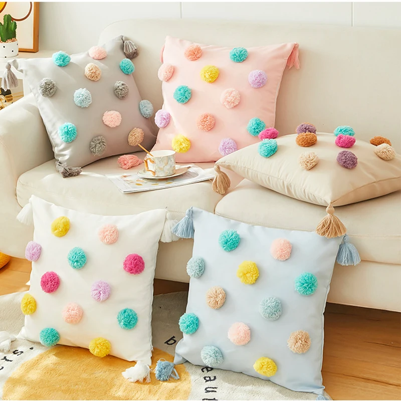 

Three-dimensional pompom multi-color ball Pillowcase Pillow Dots Polkadot Polka Dot Multicoloured Rainbow Pastel