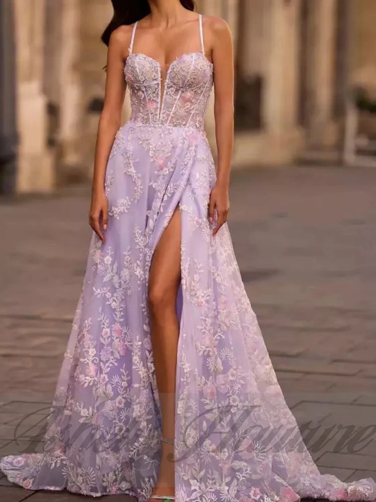 Robes de bal lilas de luxe personnalisées, col en V, ligne A, longueur au sol, fendues, vêtements pour occasions spéciales, fête de mariage, soirée formelle