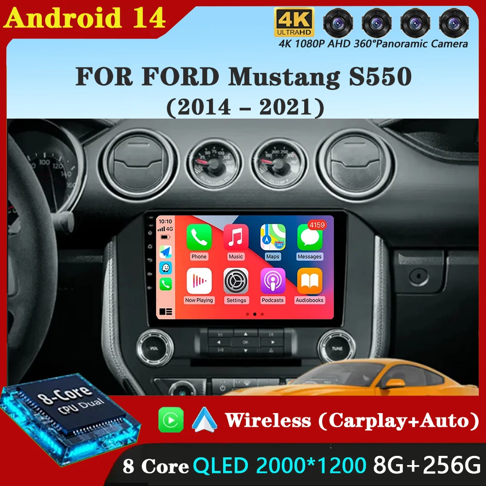 FOR FORD Mustang S550 2014-2021 Android 14 WIFI+4G Stereo Car Radio Multimidia Video Player Auto CarPlay GPS DVD 2Din BT 2K QLED