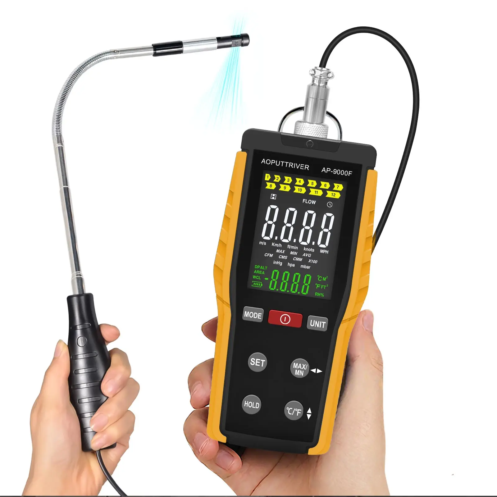 

9000F Wind Speed Temp Tester for Duct Measurement HVAC Technician Auto Shutdown LCD Color Display Tester Retractable Sensor
