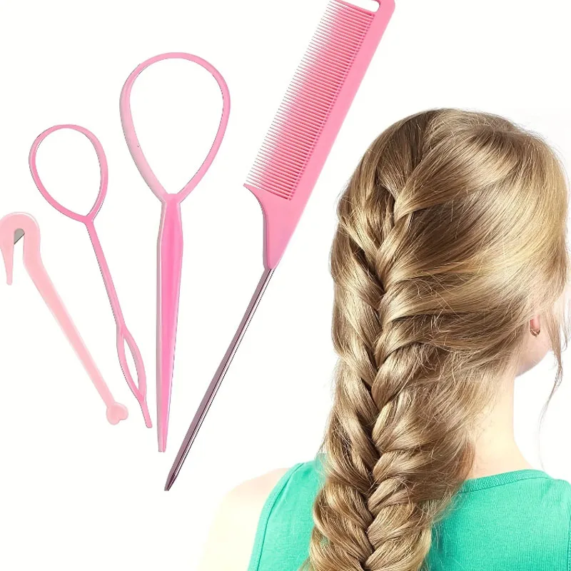 1/2set Hair Loop Tool Set 2pcs French Braid Tool Loop 1pc Rat Tail Comb 1pc Elastic Hair Rubber Bands Remover Cutter