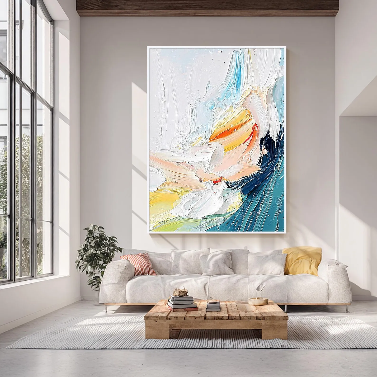 

Mhemyo Abstract Hand Painted Texture Oil Painting Modern Teal Blue Orange and White Canvas Large Modern Wall Art For Home Decor