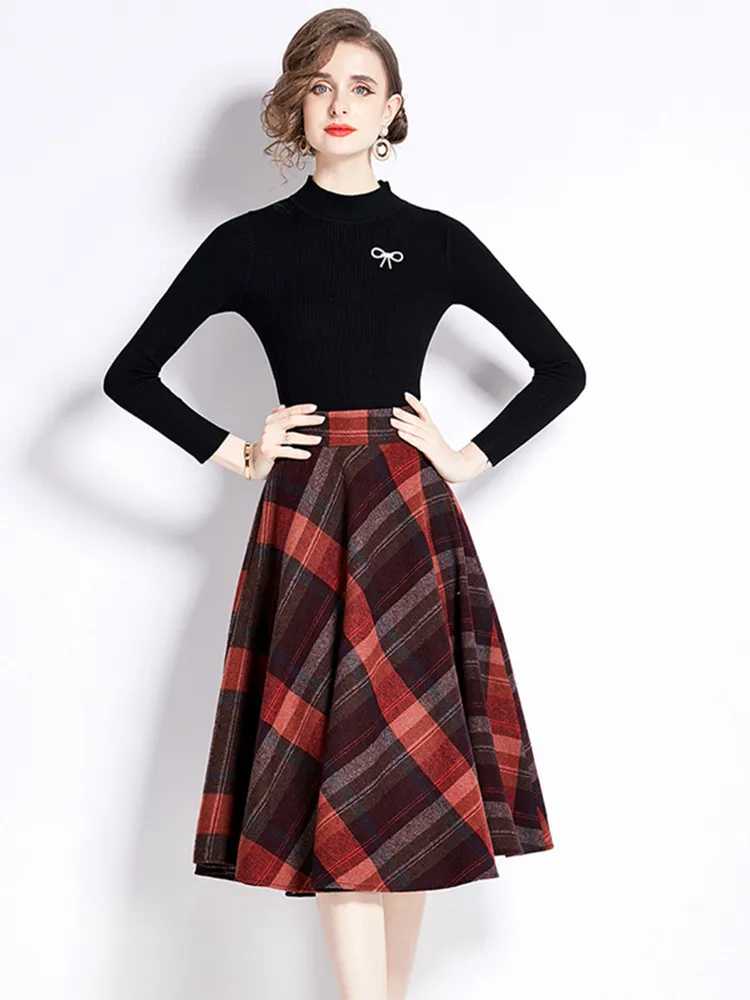 Fall Winter Women\'s Clothing Vintage Plaid Tweed  Skirt Suits Female New In Knitted Tops Matching Sets Woolen 2 Piece Sets Women