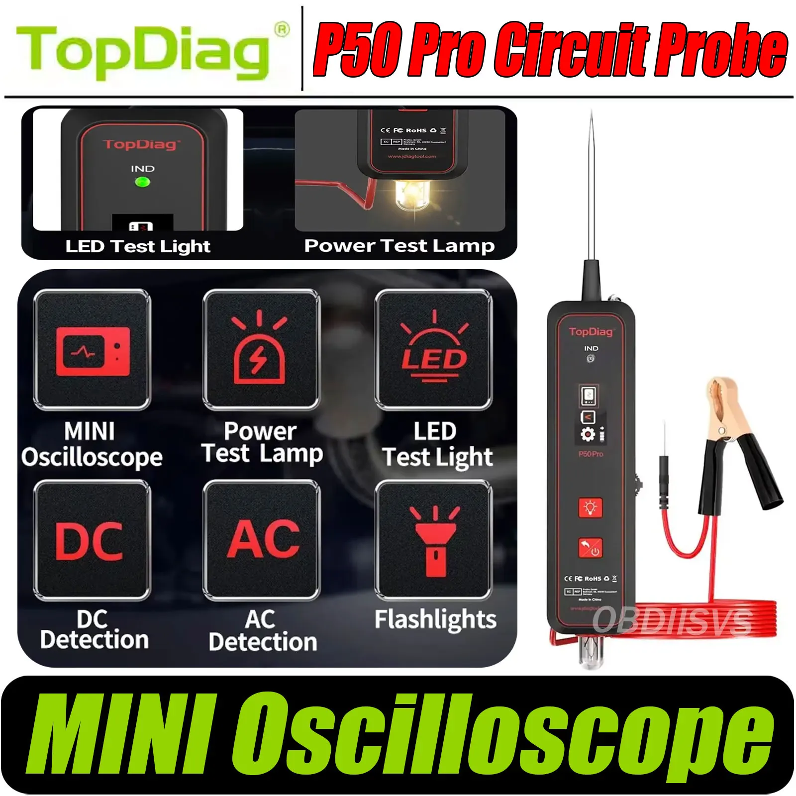 Topdiag P50 Pro MINI Oscilloscope Electrical Power Circuit Probe Pen Automotive Circuit Tester Battery Diagnostic Testing Tool