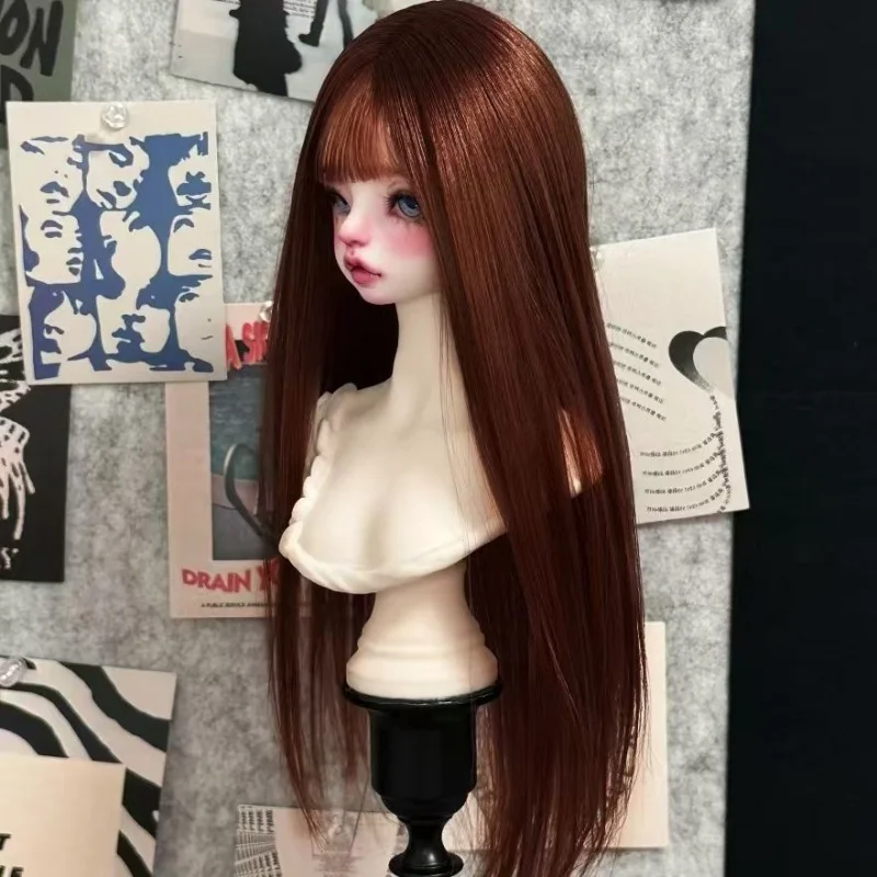 bjd Doll wig fits on 1/3 1/4 1/6 size dark brown high temperature silky fringe long straight hair wig hair set Doll accessories