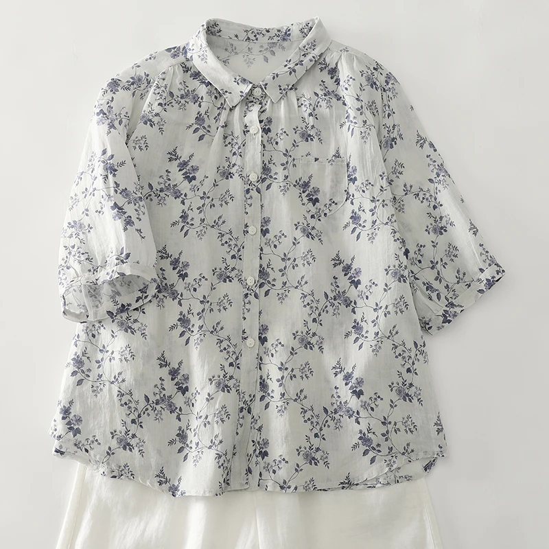 

Women Cotton Linen Ramie Shirt 2025 Summer New Casual Loose Printed Short-sleeved Tops Blouse Boho Casual Streetwear
