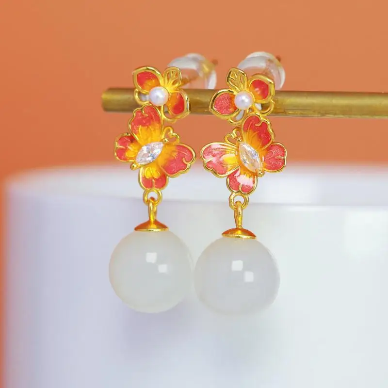 Genuine China Nephrite Stone 925 Silver Enamel Butterfly White Hetian Jade Ball Drop Earrings Women Certified Jewelry Gifts