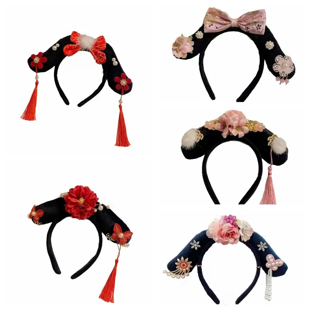 Diadema Hanfu de flores antiguas con borlas de perlas, tocado de estilo chino, lazo de corona, Aro para el pelo de estilo antiguo para mujer