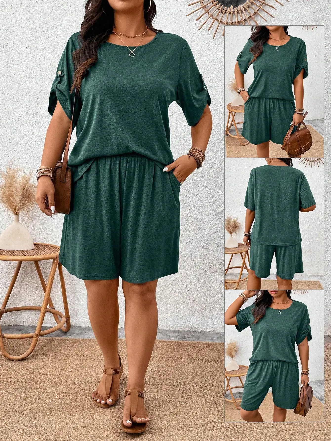 

Plus Size Women Summer Casual Loose Olive Green Short Sleeve Tee And Shorts 2 Piece Set