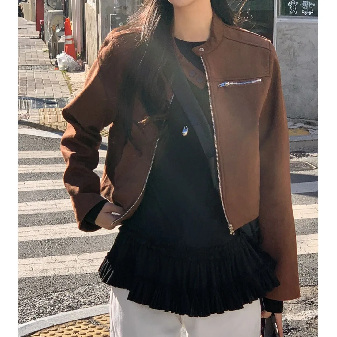 Or Biker Jaet da donna autunno inizio stagione versatile semplice eleganza colletto alla coreana vita alta ular top in pelle scamosciata