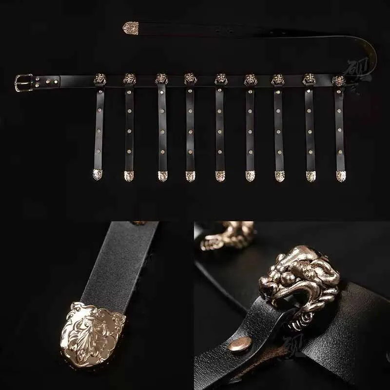 Chinese Hanfu Diexie Leather Belt, Traditional Ancient Waist Accessory with Metal Ornaments for Ming Tang Dynasty Robe Cosplay
