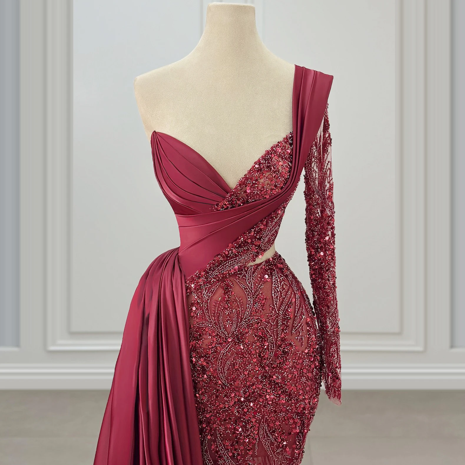 

One-Shoulder Sleeve Evening Dress Beaded Formal Party Gown Classic Long-Sleeved Floor-Length Women's Party Dress فساتين س