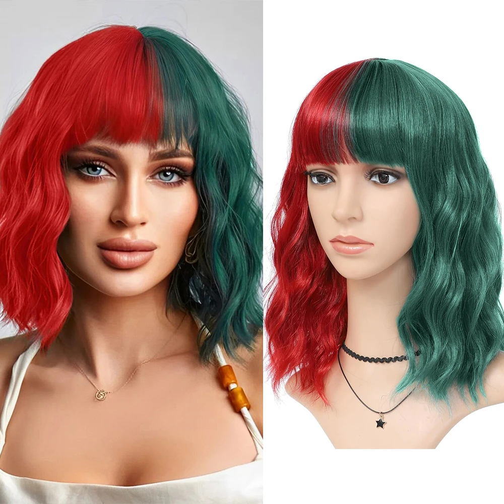 

Half Red and Half Green Wig with Bangs for Women, Short Wavy Curly Bob Wig Synthetic Colored Wig Party Cosplay Christmas Wigs