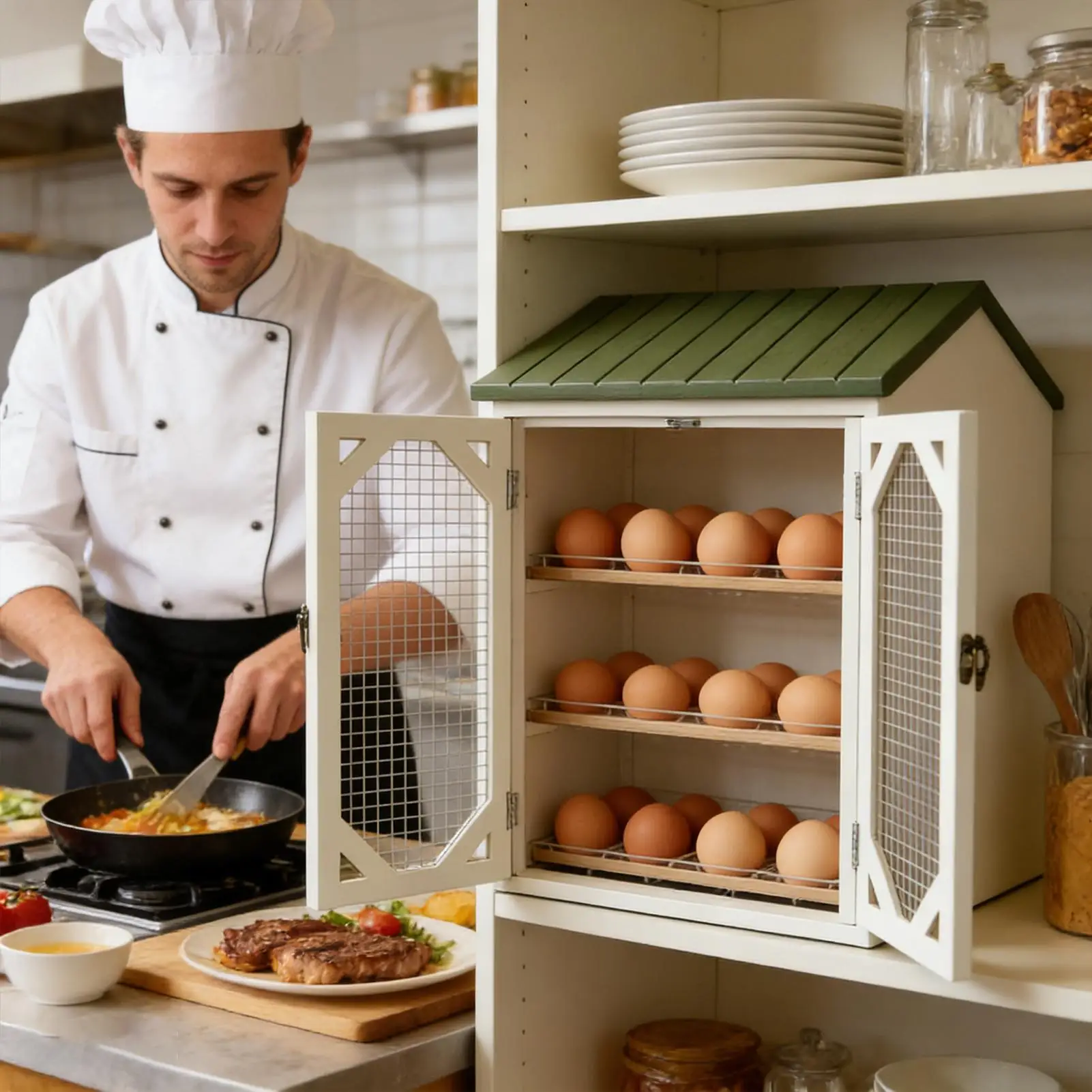 Egg Holder Farmhouse Storage Organizer Cabinet With Double Doors Egg Storage Box With Wire Mesh Window For Home Kitchen Pantry