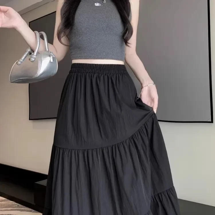 High-waisted Slimming Draped A- line Skirt For Women Petite Elastic Waist Summer Cake Skirt Long Dress