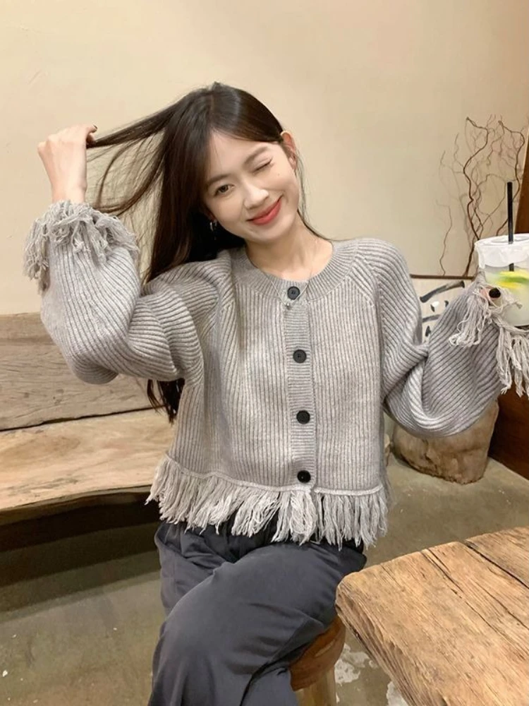 

Tassel Ladies Knit Sweaters Cheap Clothes Casual Elegant Jackets Novelties in Long Sleeve Korean Style Gray Women's Cardigans