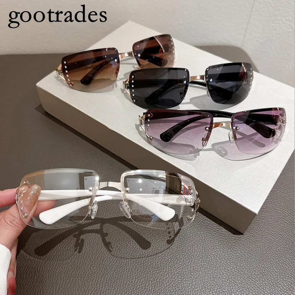 

2024 New Frameless Decorative Diamond Sunglasses Women Luxury Brand Designer Rectangle Sun Glasses Outdoor Eyewear Gafas De Sol