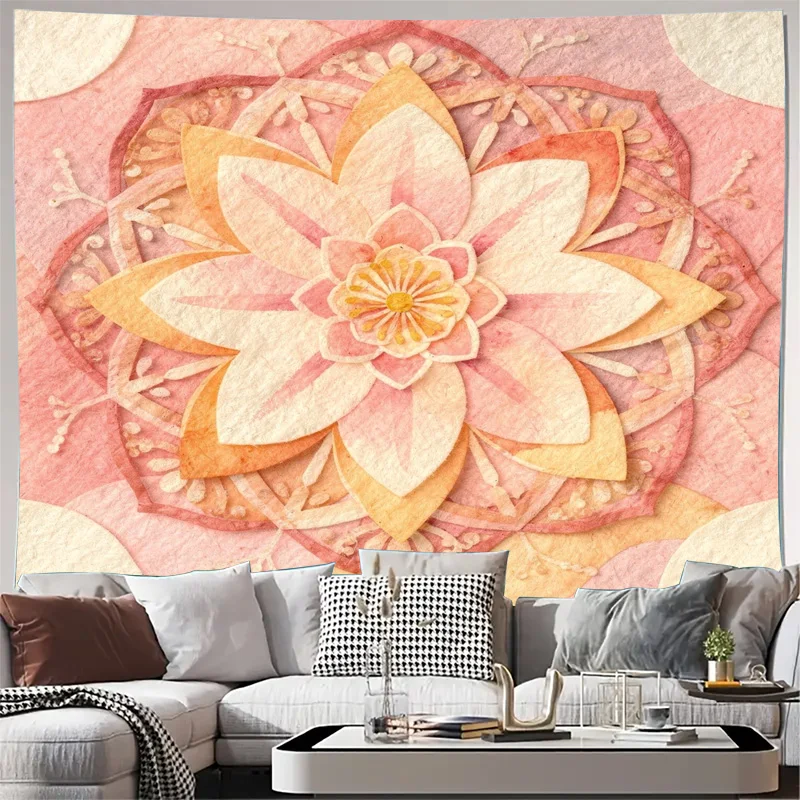Aesthetic Mandala Floral Tapestry Wall Hanging Boho Pink Orange Bohemian Ethnic Decor Art for Living Room Bedroom Apartment Home