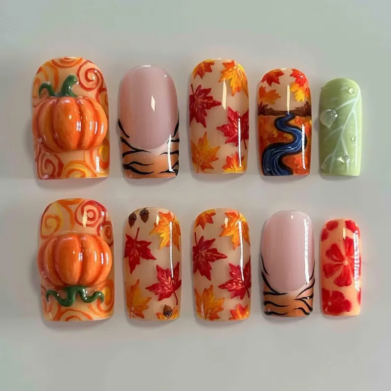 24pcs Women Girls Wearable Manicure Halloween French Style Squared False Nails 3D Pumpkin Maple Leaves Pattern Press On Nail