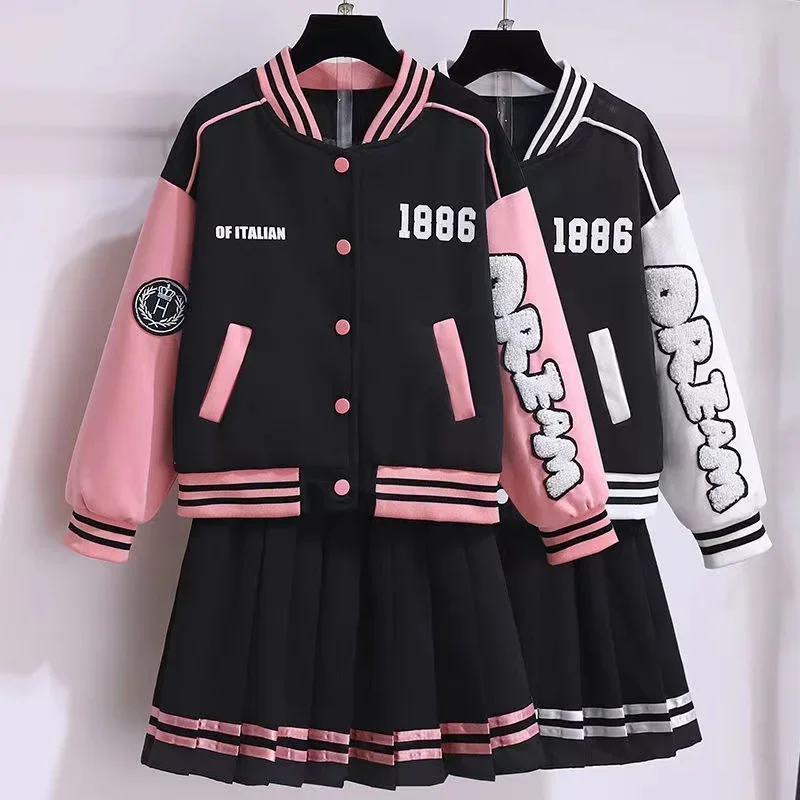 

Teenage Girls Clothing Spring Junior Girl Loungewear Suit Baseball Uniform Jacket Coat + Pleated Skirt 2pcs JK Outfits 3-14 Y