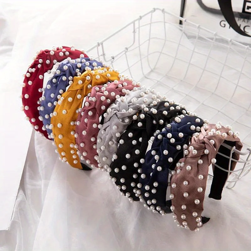 

Wide Solid Pearl Knot Hairbands for Women Girls Satin Full Beads Twist Hair Hoops Makeup Hair Accessories Fashion Headbands