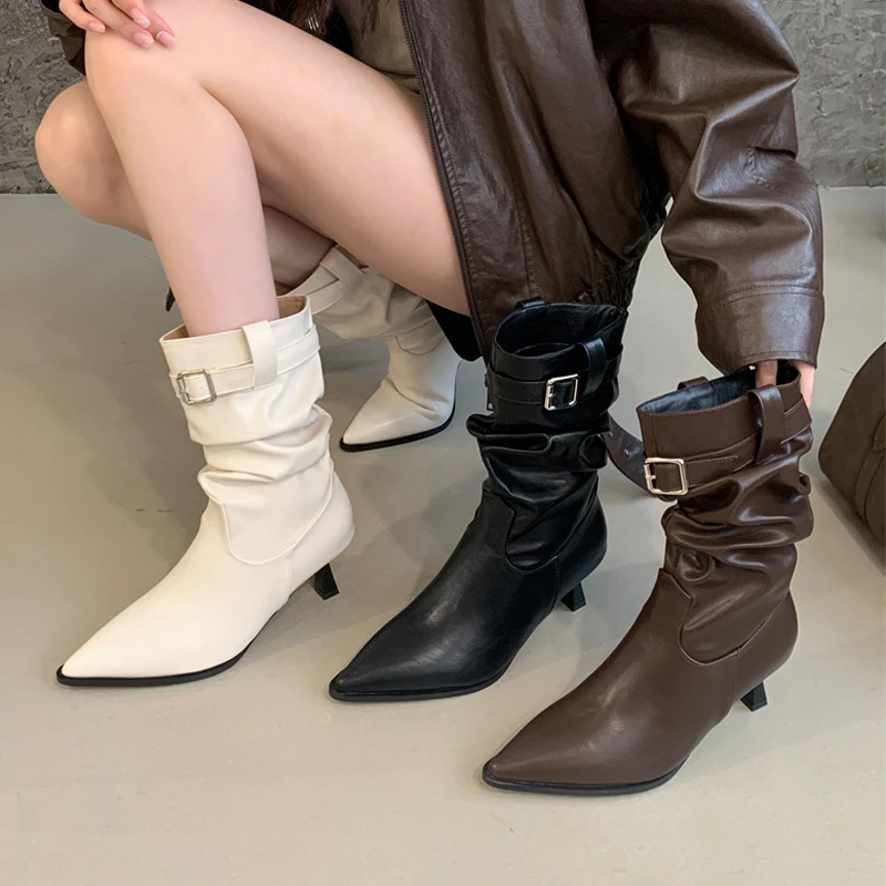 

pleated modern Boots Women Shoes fashion buckle slip on pointed toe Mid Calf Boots high heels pump apricot brown zapatos mujer